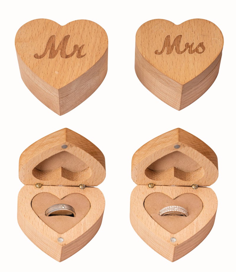 Strova Heart Shaped Wooden Ring Box for Wedding Rings â€“ Set of 2 with Engraved Mr. & Mrs. Lettering â€“ Ring Bearer Box for Display or Personal Organizer â€“ Protective Ring Cushions and Magnetic Closure - Image 1